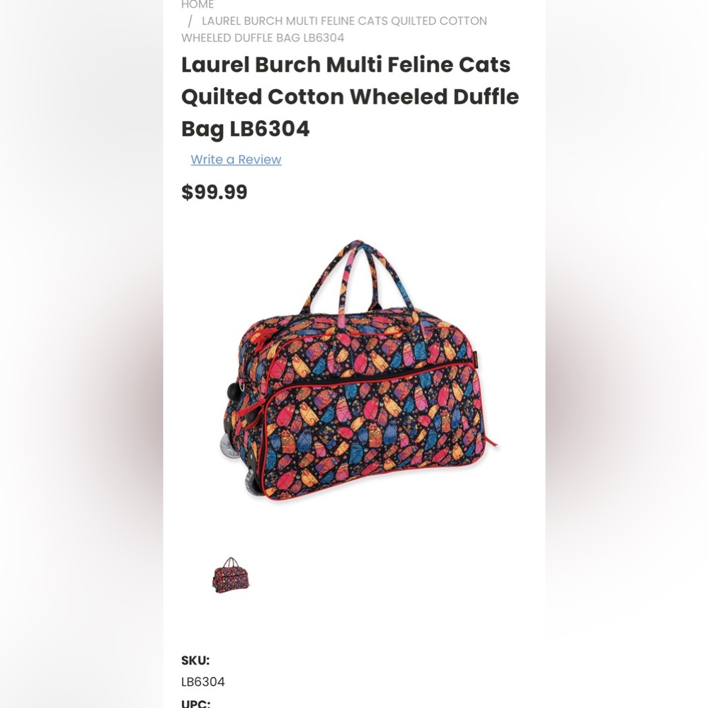 Laurel Burch Multi Feline Cats
Quilted Cotton Wheeled Duffle
Bag LB6304